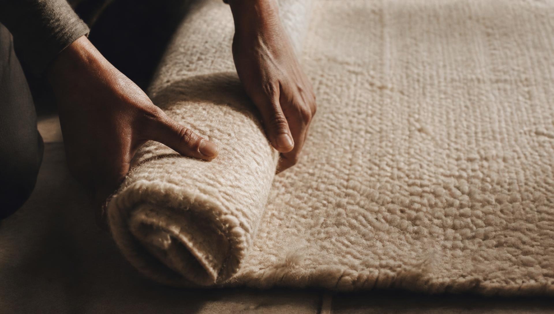 Hands unfolding a handmade wool rug