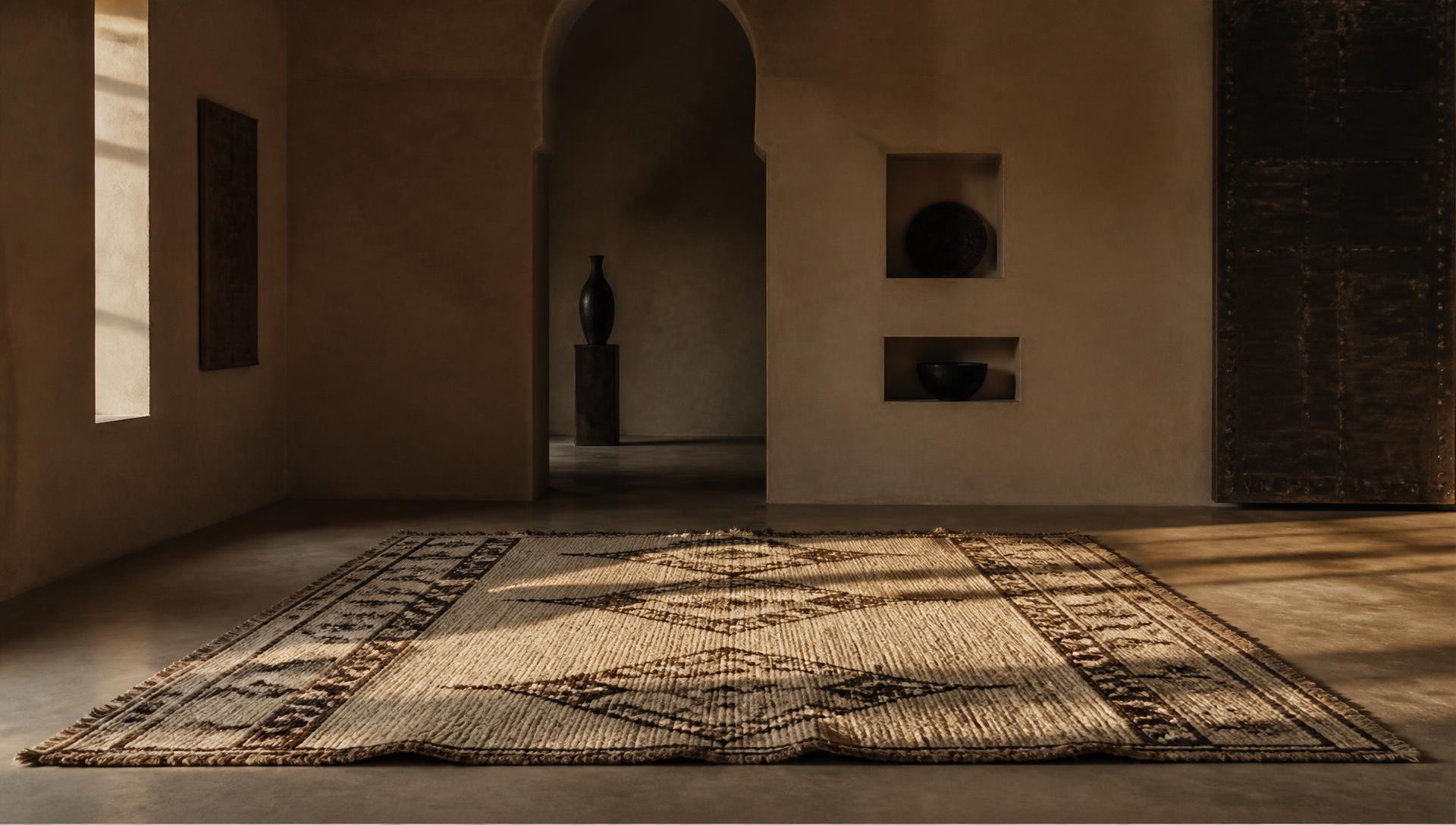 Handwoven Moroccan wool rug in a minimal architectural interior